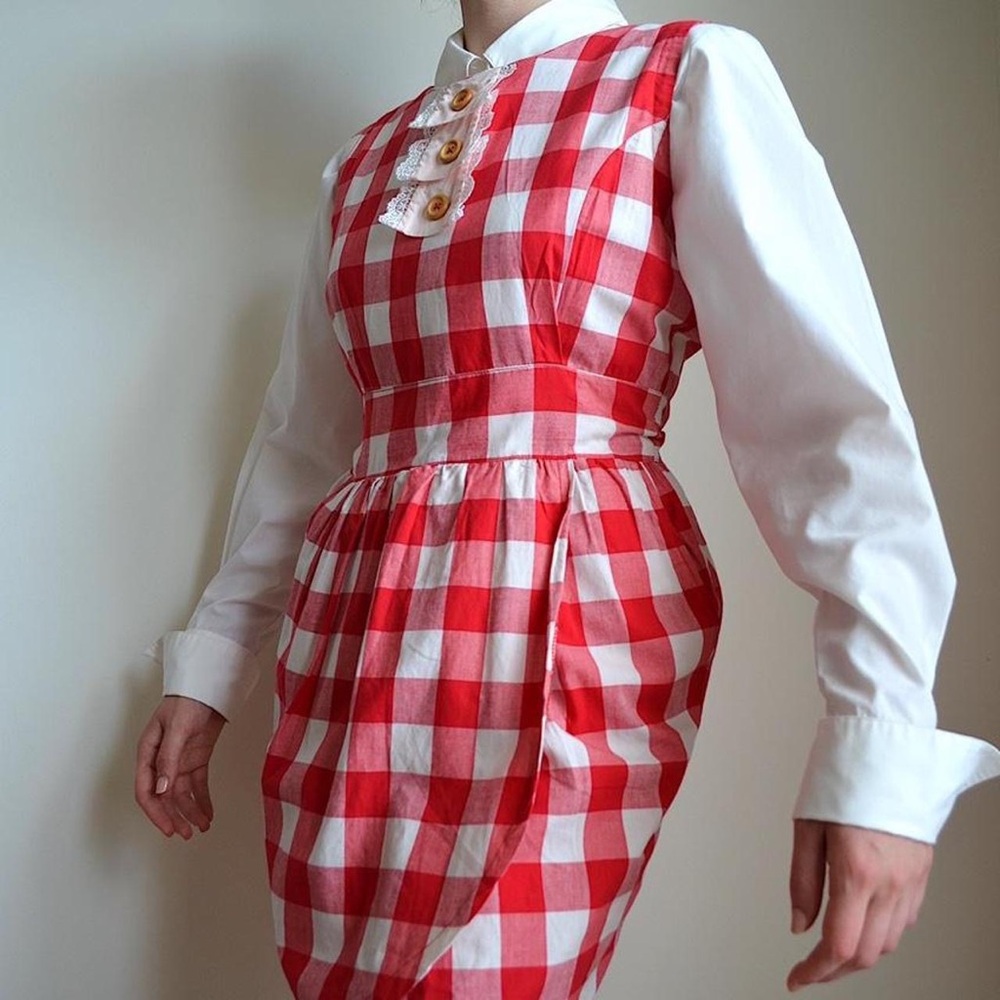 red and white gingham dress dress with ruffle button detailing from knitted dove